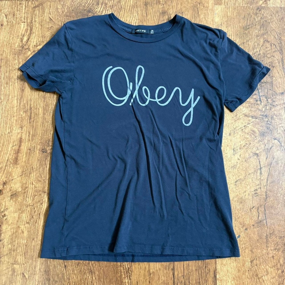 Obey N89 Script Logo Graphic T-Shirt Navy Blue Skater Y2K XS
